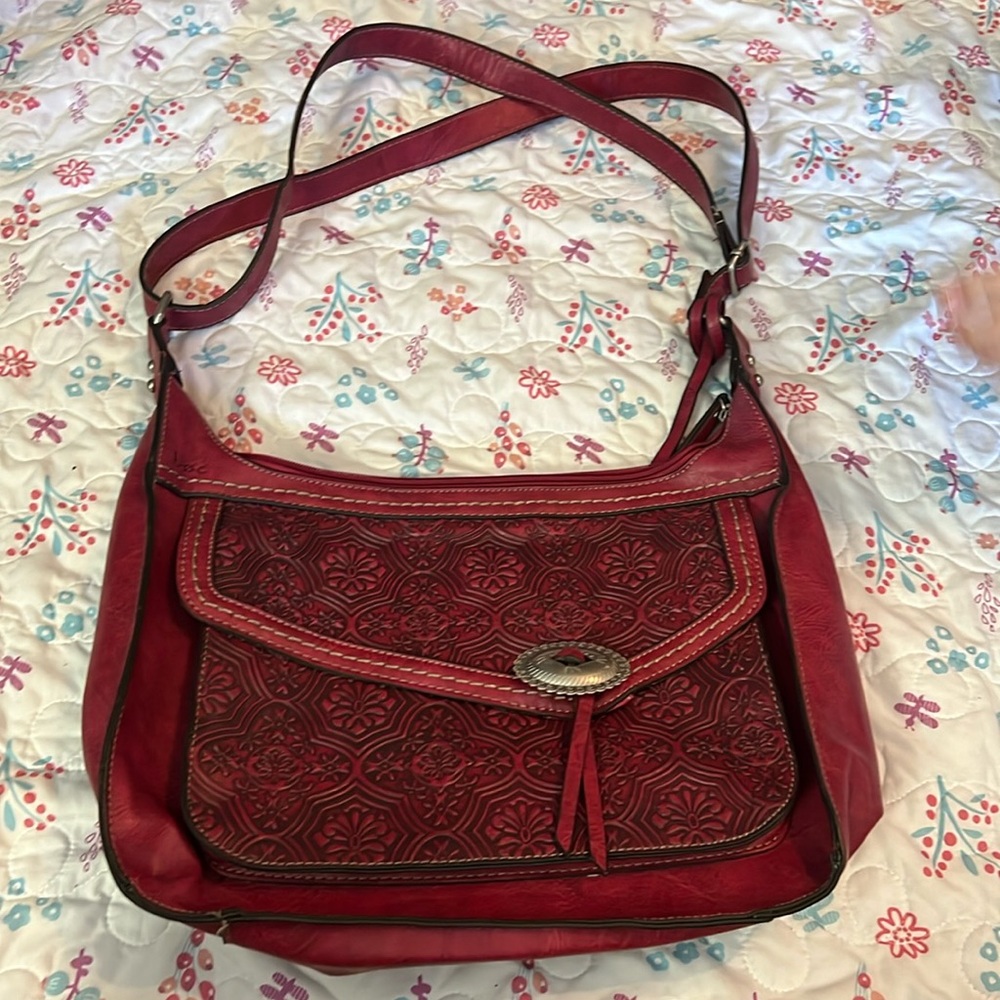 BOC Born Concepts Western Purse Shoulder Bag Maroon Red Hand Tooled Leather
